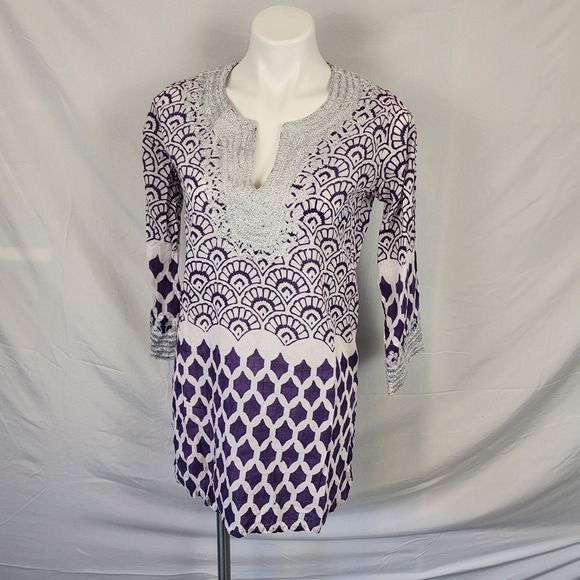 Roberta Roller Rabbit Tops - Roberta Roller Rabbit Embroidered‎ Purple White Tunic Dress Women's Small
